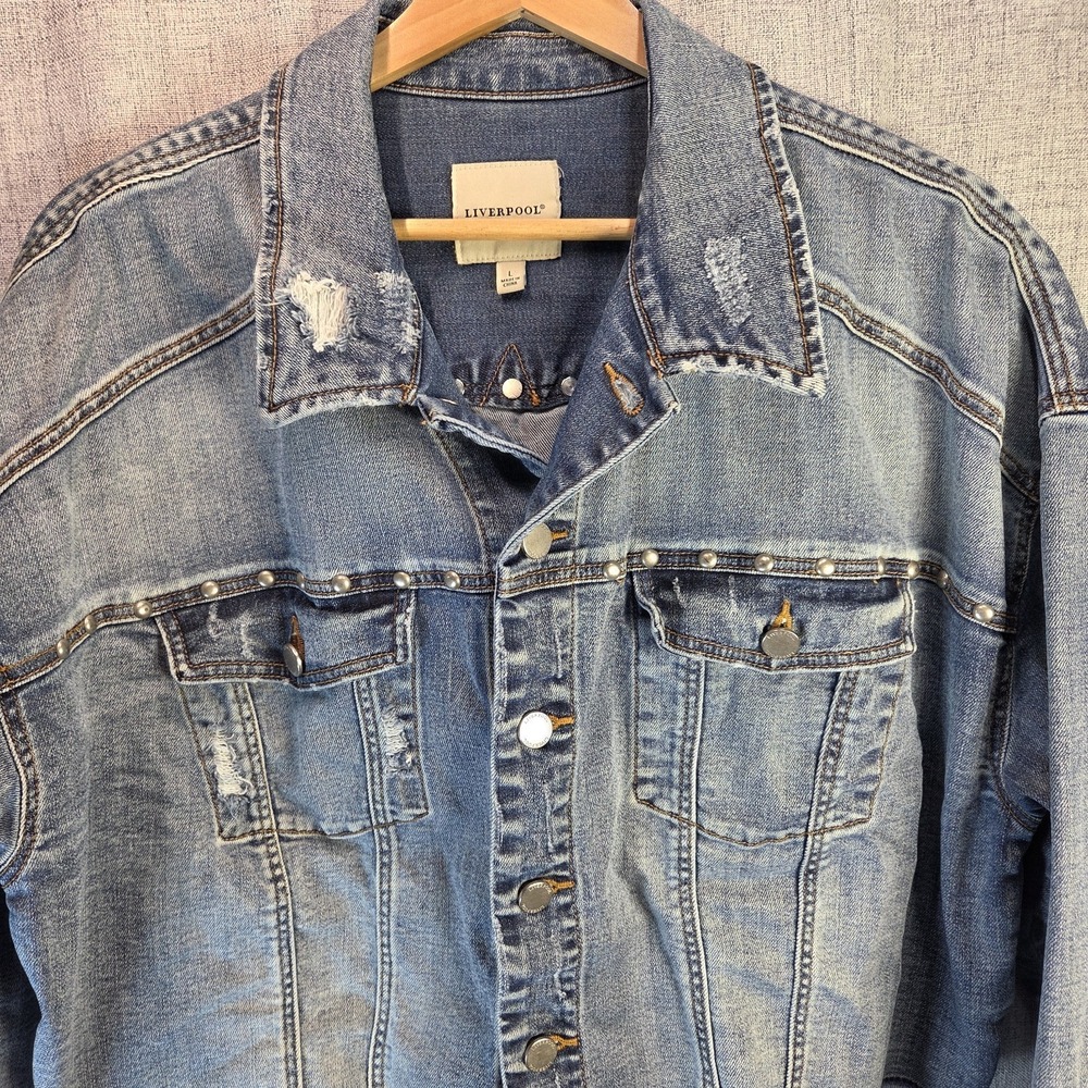Liverpool Distressed Cropped Denim Studs Boxy Jacket Fringe Hem Womens Large - Picture 3 of 8
